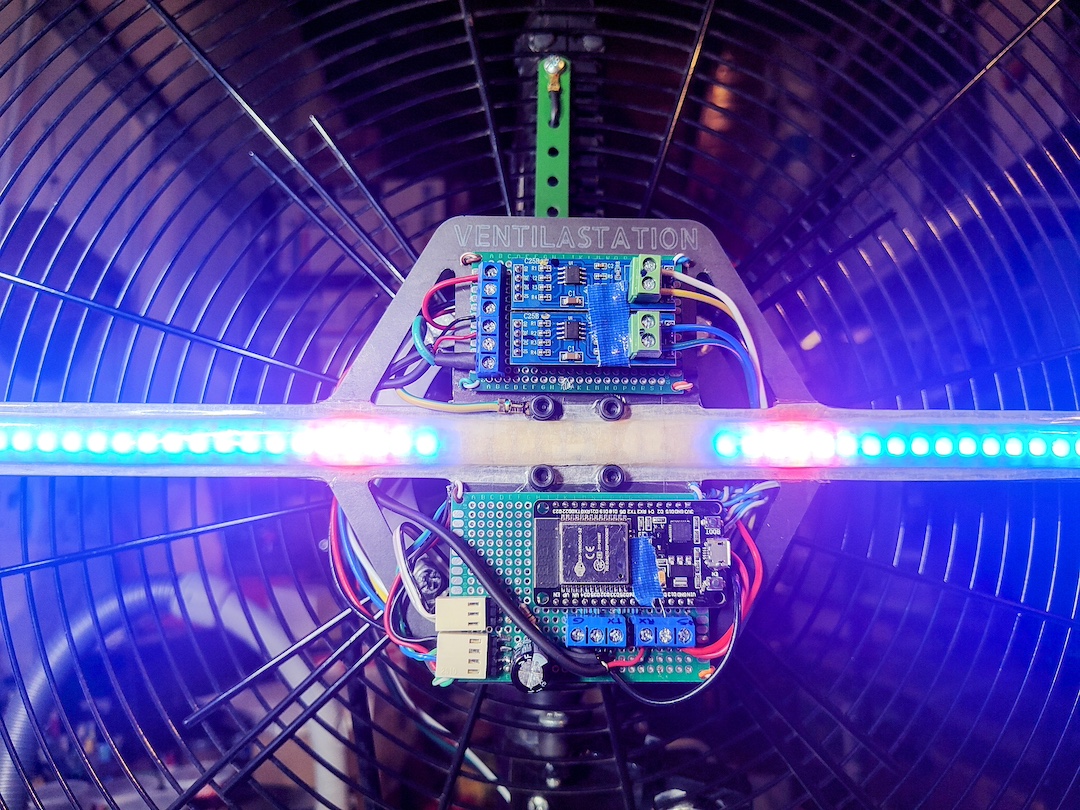Ventilastation’s LED arm and electronics mounted inside a fan