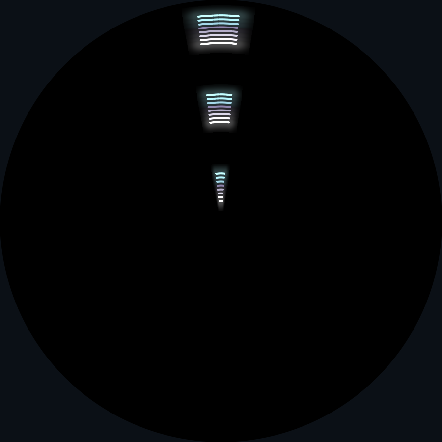 The same eight-by-eight block of LED cells appears broad at the rim and progressively narrower nearer the centre